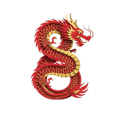 Majestic red and gold chinese dragon illustration with intricate scales isolated on transparent background