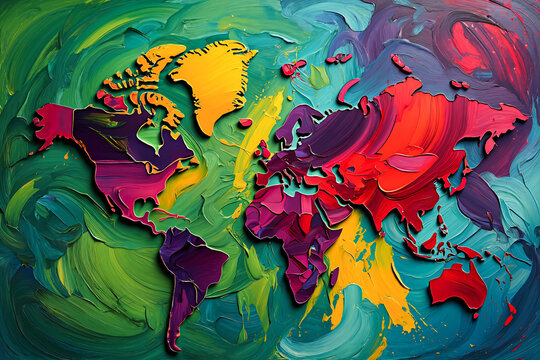 Colorful Abstract World Map with Textured Oil Paint Brushstrokes Showing Global Continents Geography Art for International Business Travel Education