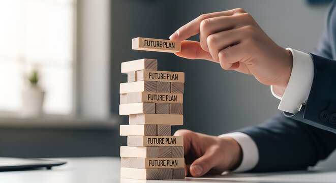 Building the Future: Man Stacking Wooden Blocks with "Future Plan"