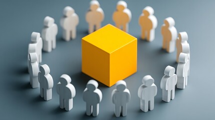 Abstract group of white human figures circling a large yellow cube, teamwork and collaboration concept