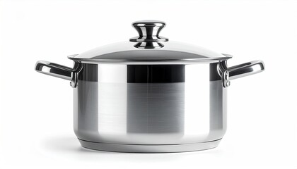 Shiny stainless steel pot with lid, isolated