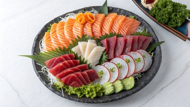 Assorted fresh sashimi platter with salmon, tuna, white fish and garnish on black stone plate