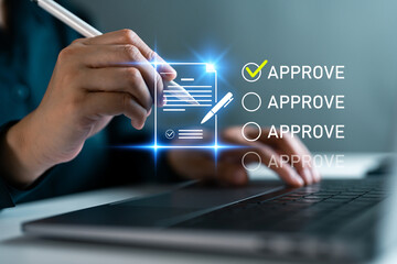 Businessperson approving digital document with on laptop, paperless office, e-signature, online approval system with checklist, workflow automation verification and business authorization process.