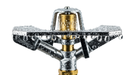 Close Up Of A Chrome Sprinkler Head With Water Droplets isolated on Transparent Background