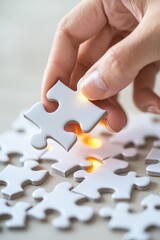 Completing a puzzle with glowing pieces in a business strategy meeting symbolizing adaptation and growth