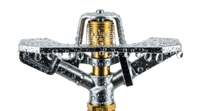 Close Up Of A Chrome Sprinkler Head With Water Droplets isolated on Transparent Background