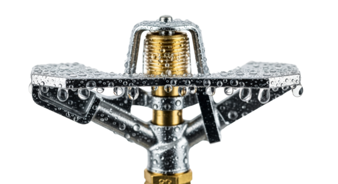 Close Up Of A Chrome Sprinkler Head With Water Droplets isolated on Transparent Background
