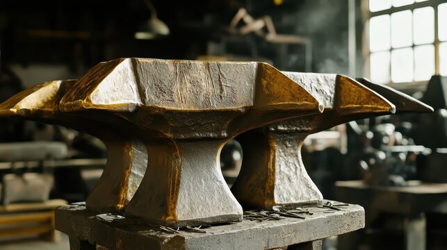 Two heavy iron anvils displayed in a blacksmith workshop