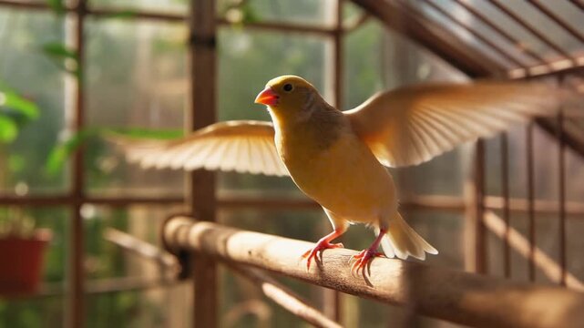 Un canario amarillo con las alas extendidas posado en una rama de madera dentro de un aviario soleado.