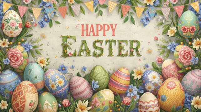 Happy easter greeting with colorful decorated eggs and floral garland