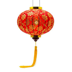 Traditional chinese red lantern with ornate golden floral patterns and a yellow tassel isolated on transparent background