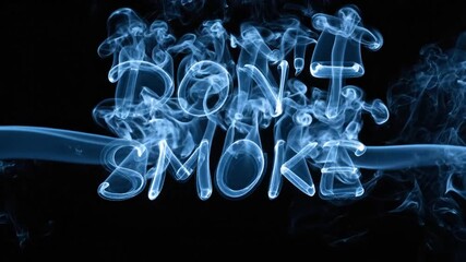 Dynamic blue smoke forms the impactful 'DON'T SMOKE' message against a dark backdrop, symbolizing a crucial health warning and the abstract dangers of tobacco addiction