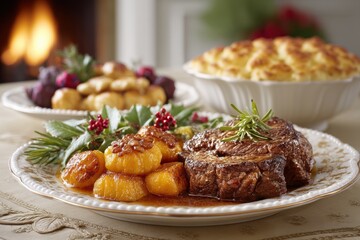 Luxurious christmas feast opulent table setting & festive dishes for cozy holiday gatherings