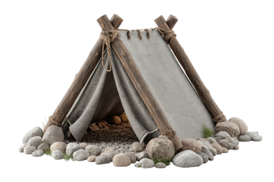 Simple tent of wood and cloth, surrounded by stones