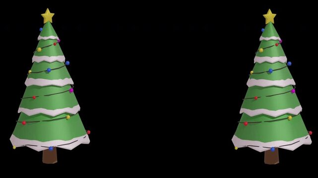 3D two christmas tree spinning in and out transition on alpha channel background.  Change from screen to new screen