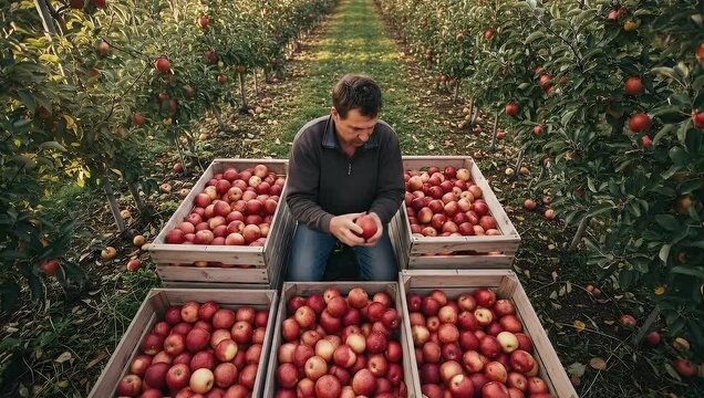 Man Inspecting Apples in Orchard with Wooden Crates Full of Harvested Fruit