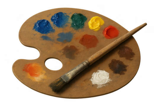 Artist's wooden palette holding multiple colorful blobs of thick oil paint and a paintbrush lying across, on transparent background