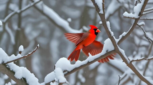 Cardenal rojo volando entre ramas cubiertas de nieve en un d&iacute;a invernal, mostrando sus alas extendidas.