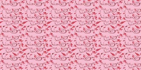 Floral repeat pattern with pink background and dark pink flowers and swirling vines design element