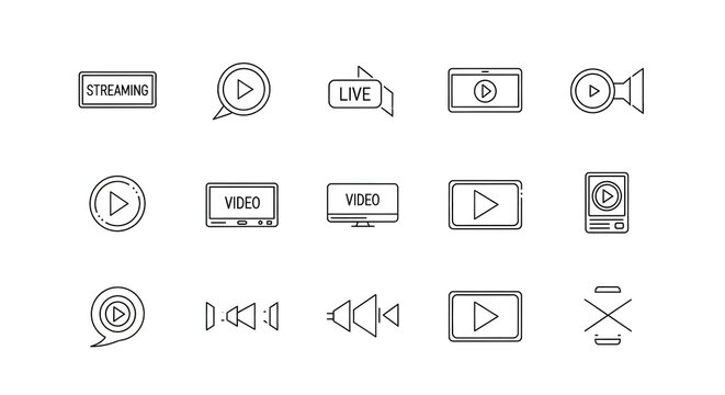 Video Streaming Icon Set: A comprehensive collection of modern, clean-lined icons related to video streaming, encompassing live broadcasting, play buttons, video player interfaces, and camera symbols.