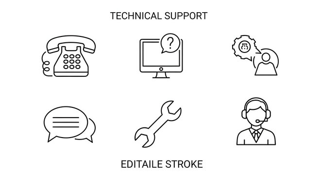 Technical Support Icons: A collection of meticulously crafted, minimalistic line icons that encapsulate the essence of technical support and assistance.