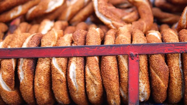 Freshly baked simit on a city street in Turkey
