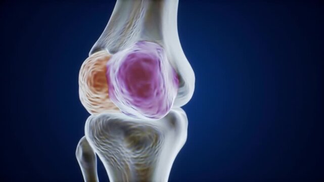 Animated Knee Joint Anatomy Bone Structure Cartilage and Movement on Dark Blue