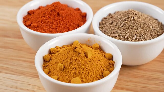 Assortment of vibrant cooking spices in white bowls on a wooden table Features red paprika powder yellow turmeric and whole cumin seeds for healthy food prepara