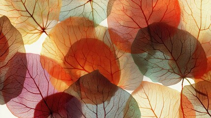 Beautiful photo of abstract translucent layered fallen autumnal leaves, macro nature, autumn fall illustration background banner texture pattern.