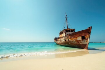 Fototapeta premium Sun-Bleached Vessel Ashore on a Pristine Sandy Beach Under a Clear Azure Sky