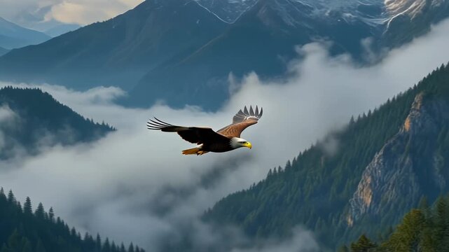 &Aacute;guila calva majestuosa volando sobre un paisaje monta&ntilde;oso cubierto de niebla y bosques.