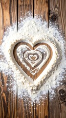 Close-up of flour hearts on rustic wooden surface