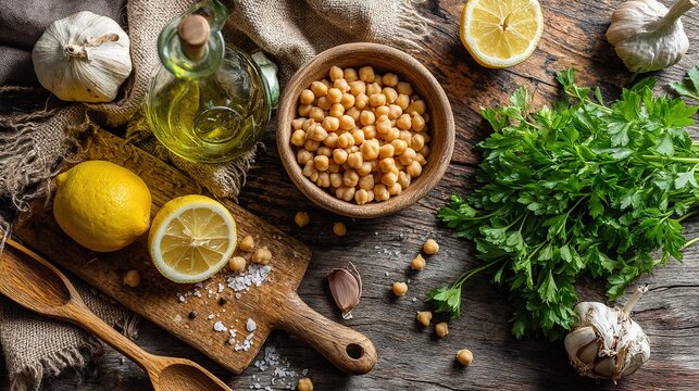 Top-Down Composition of Mediterranean Chickpea Soup with Fresh Herbs, Garlic, and Lemon