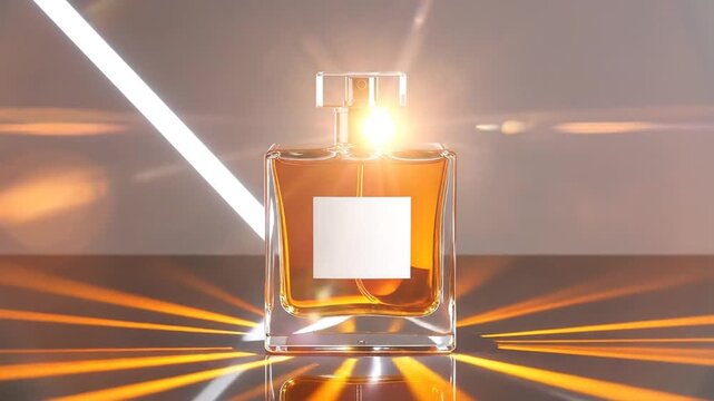Elegant glass bottle of amber-colored perfume with a blank white label and bright light reflections