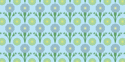 A repeating pattern of stylized blue flowers and green circles on a light blue background design art