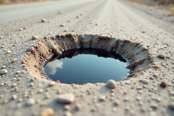 A deep pothole filled with dark liquid reflecting the sky on a sun-drenched road surface, surrounded by small stones and gravel