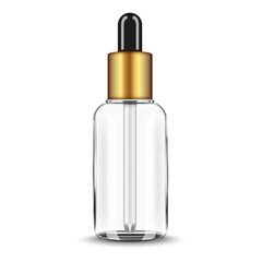 Clear glass dropper bottle with pipette and gold metallic cap isolated on white front view, realistic 3d vector mockup for K-beauty cosmetic serum, essential oil transparent packaging design.