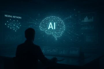 Man working at desk with large screen displaying neural network and AI brain concept along with various data charts and graphs