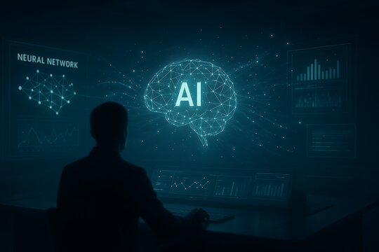 Man working at desk with large screen displaying neural network and AI brain concept along with various data charts and graphs