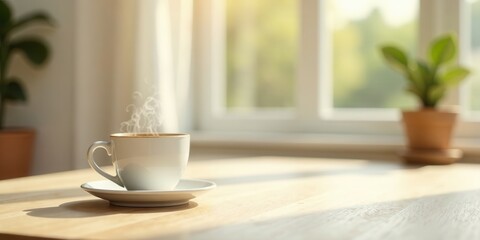 A steaming cup of coffee sits on a wooden table bathed in warm sunlight near a window, creating a peaceful and tranquil morning atmosphere