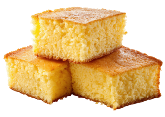 Stacked yellow cake slices, golden crust, airy texture