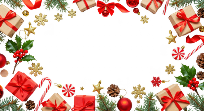 Christmas frame with gifts, ornaments, and pine branches isolated on transparent background