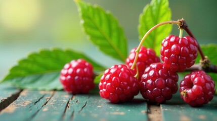 Close-up of vibrant red berries nestled on aged wooden surface with lush green foliage