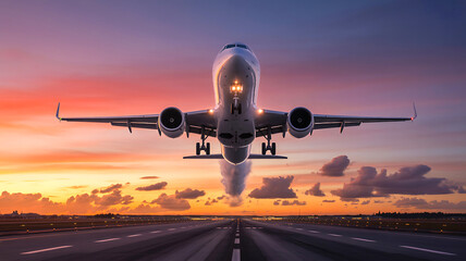 Fototapeta premium Dramatic airplane takes off at sunset, vibrant travel adventure begins with modern jet