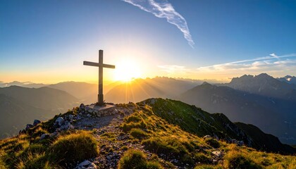 Cross on Mountain Peak at Sunset: A Symbol of Faith and Nature's Beauty