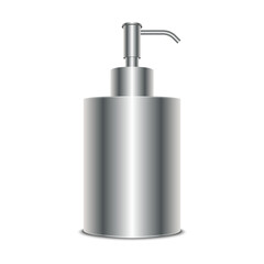 Realistic metal liquid soap dispenser mockup 3d vector isolated on white front view, illustration for cosmetic, hygiene, bathroom, or product packaging presentation.