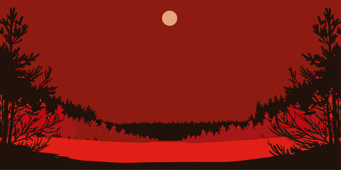 Silhouette of Pine Trees and Lake Under a Full Moon