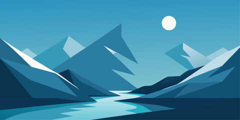Stylized Blue Mountain Landscape with River and Sun
