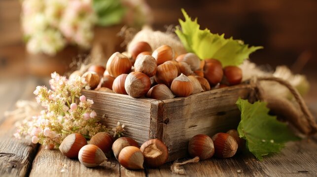 Beautiful photo of delightful hazelnuts nestled in a rustic wooden setting create a warm and inviting atmosphere of nature's bounty.