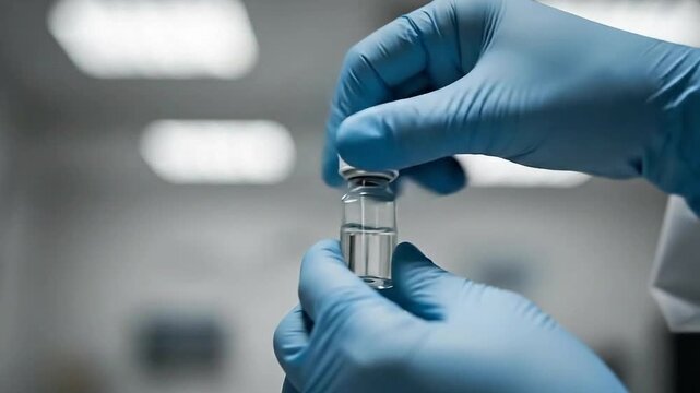 Medical professional carefully handling vial of clear liquid in laboratory setting wearing blue nitrile gloves and white coat with bright overhead lights creating